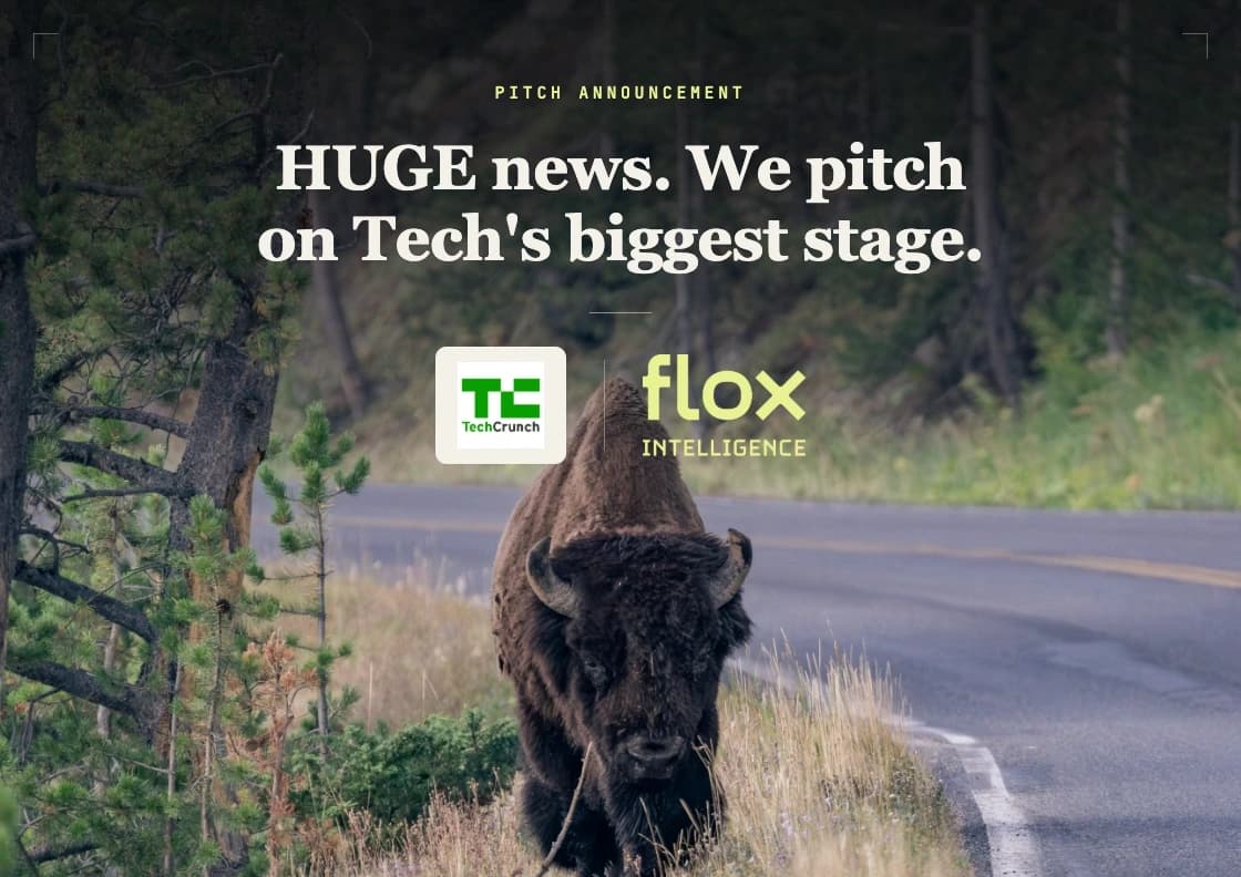 Bison walking next to road. Logos of TechCrunch and Flox Intelligence. Huge news that Flox will be pitching.